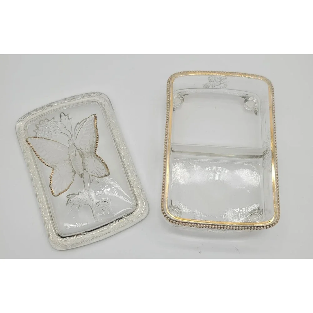 Vintage Glass Butterfly Trinket Cigarette Box /Card Set Gold Trim Vanity 3pc‎